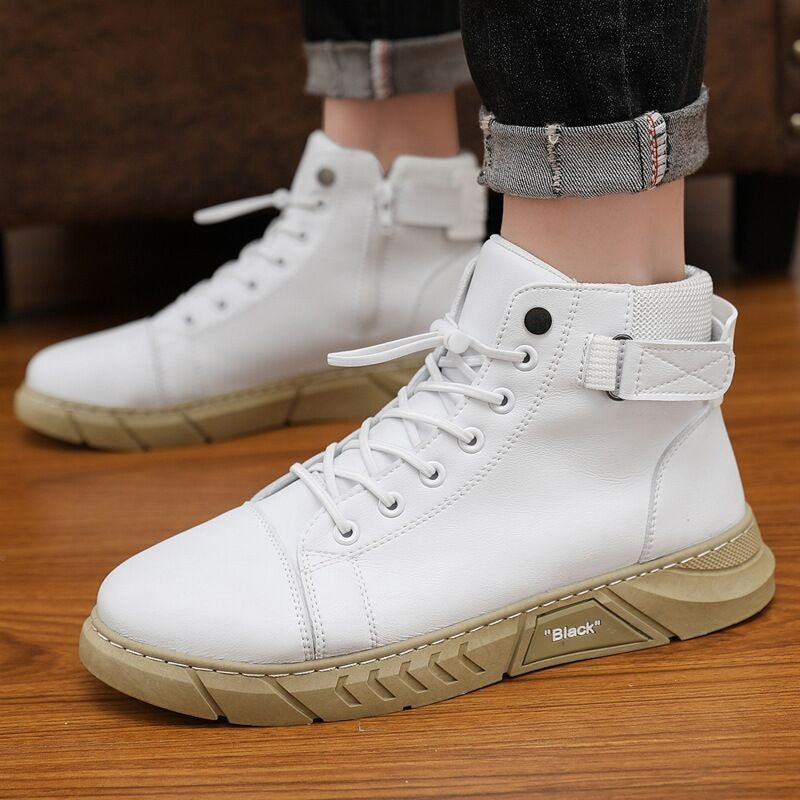 Trendy Effen Kleur Casual Hoge Sportschoenen van Echt Leer met Vetersluiting en Ronde Neus voor Heren
