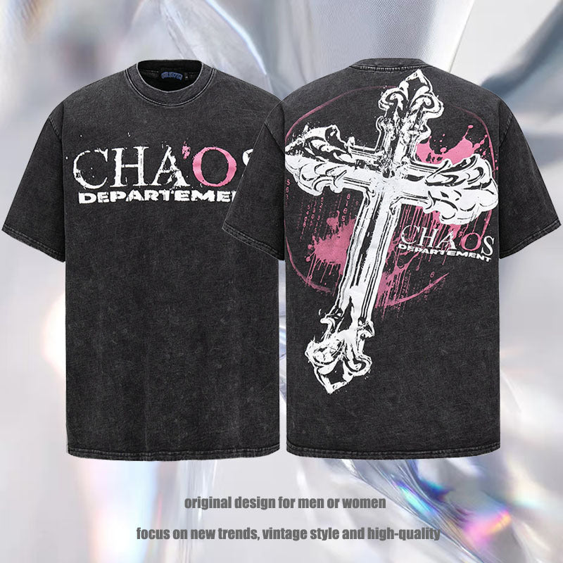 Trendy Casual Effen Kleur Vintage Ronde Hals T-shirt met Kruisprint en Korte Mouwen voor Unisex