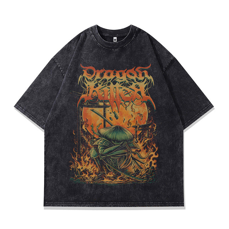 Trendy Effen Kleur Oversized Washed Casual Vintage Ronde Hals T-shirt met Cartoonprint en Korte Mouwen voor Heren