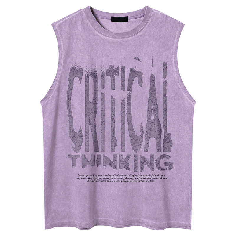 Trendy Klassieke Effen Kleur Mouwloze Casual Vintage Washed Tanktop met Ronde Hals en Vervaagde Letterprint voor Heren & Jongens