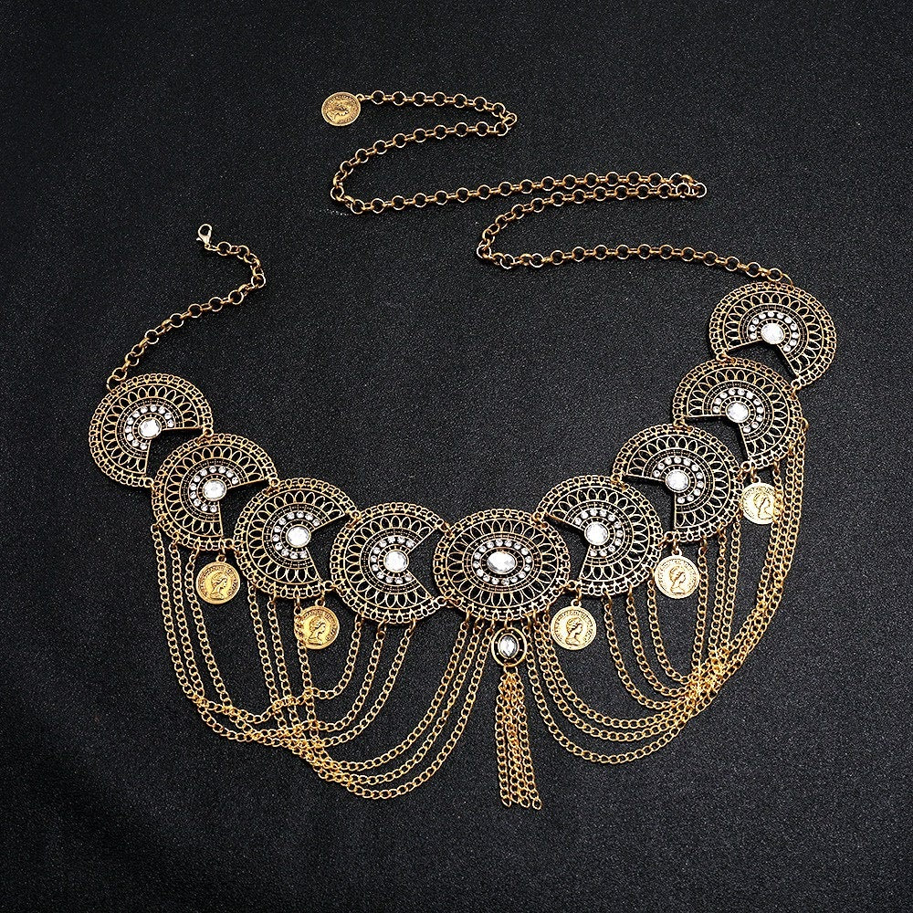 Modieuze Retro Etnische Stijl Holle Tailleketting met Muntenkwastjes van Legering voor Dames
