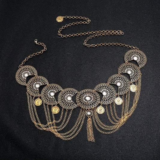 Modieuze Retro Etnische Stijl Holle Tailleketting met Muntenkwastjes van Legering voor Dames