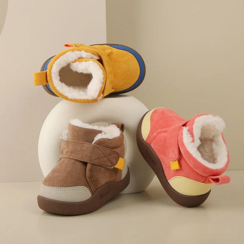 Trendy Effen Kleur Warme Winterse Enkellaarsjes van Pluche en PU-Leer met Ronde Neus en Klittenbandsluiting voor Kinderen