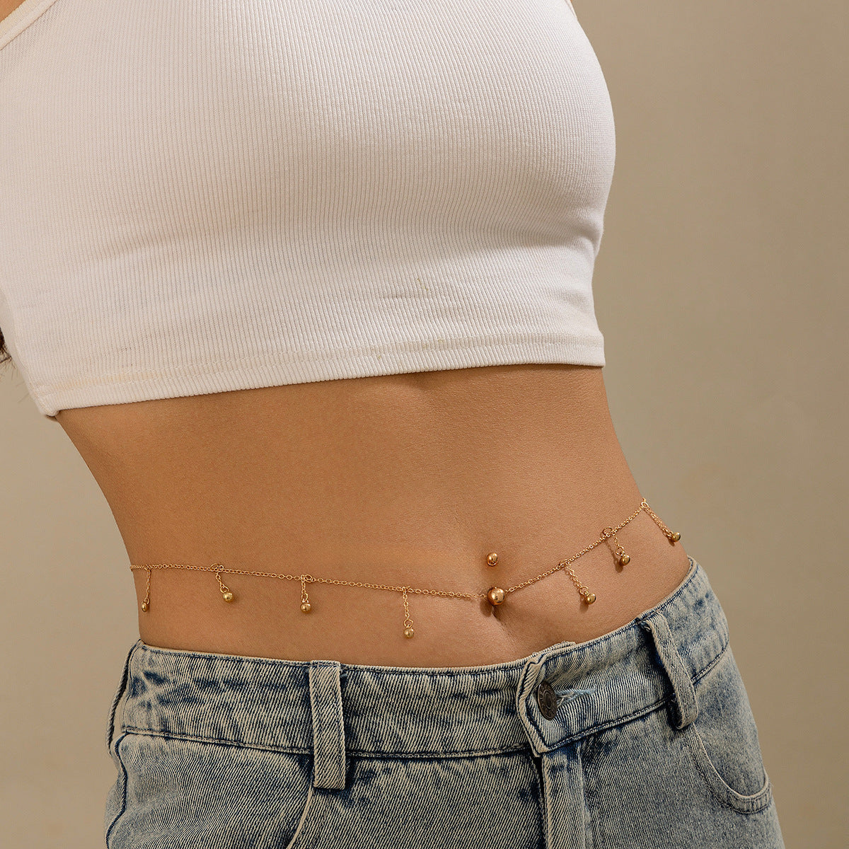 Modieuze Elegante Metalen Zirkoon Tailleketting met Navelpiercing en Imitatie Parel Kwastje voor Dames