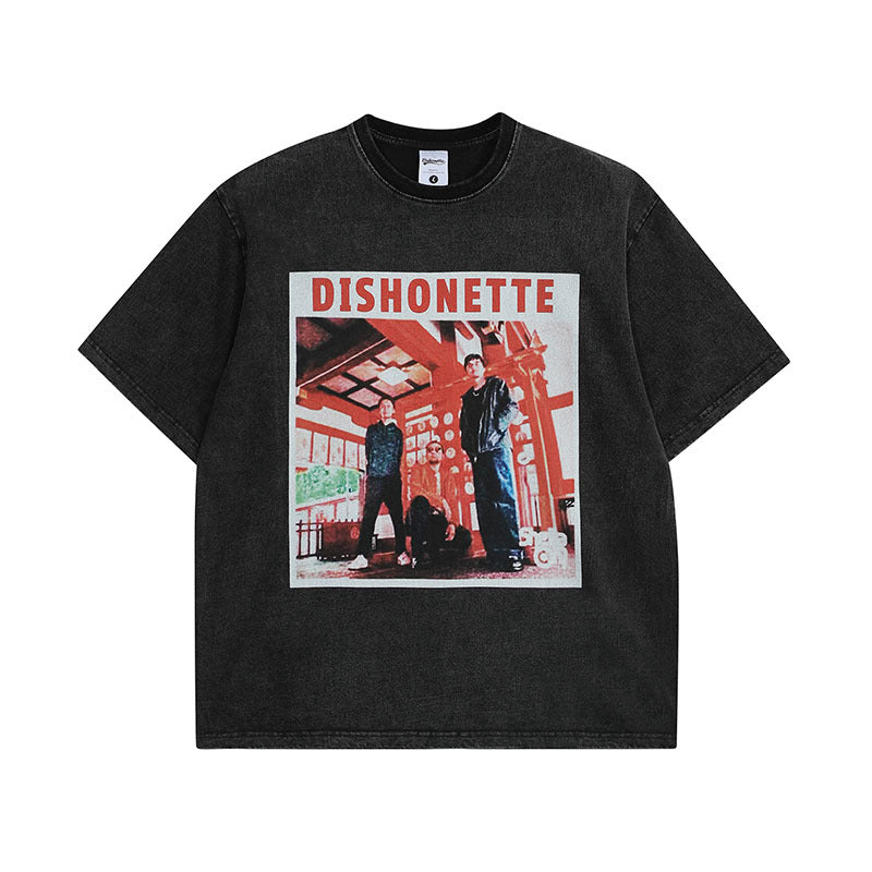 Retrostijl Klassieke Effen Kleur Washed Vintage Cartoonprint T-shirt met Ronde Hals en Korte Mouwen voor Unisex