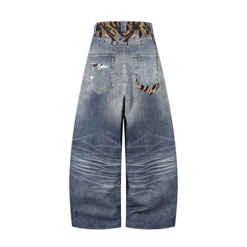 Stijlvolle Unieke Effen Kleur Geplooide Casual Washed Ripped Losse Jeans met Patchwork en Wijde Pijpen voor Unisex