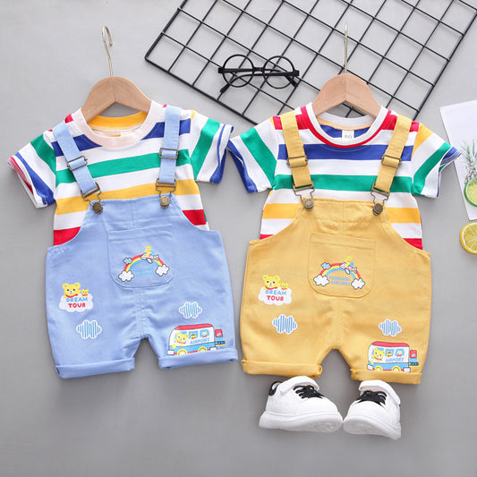 Modieuze Kinderset Schattige Effen Kleur Gestreepte T-shirt met Korte Mouwen en Bijpassende Cartoonprint Overalls met Bandjes voor Kinderen