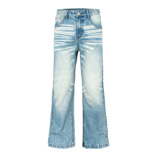 Trendy Klassieke Effen Kleur Casual Vintage Washed Losse Demin Jeans met Wijde Pijpen en Uitlopenende Zoom voor Unisex