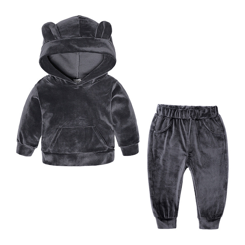 Sportieve Kinderset Casual Effen Kleur Hoodie en Bijpassende Joggingbroek van Fluweel met Gestreepte Patroon en Buidelzak voor Kinderen