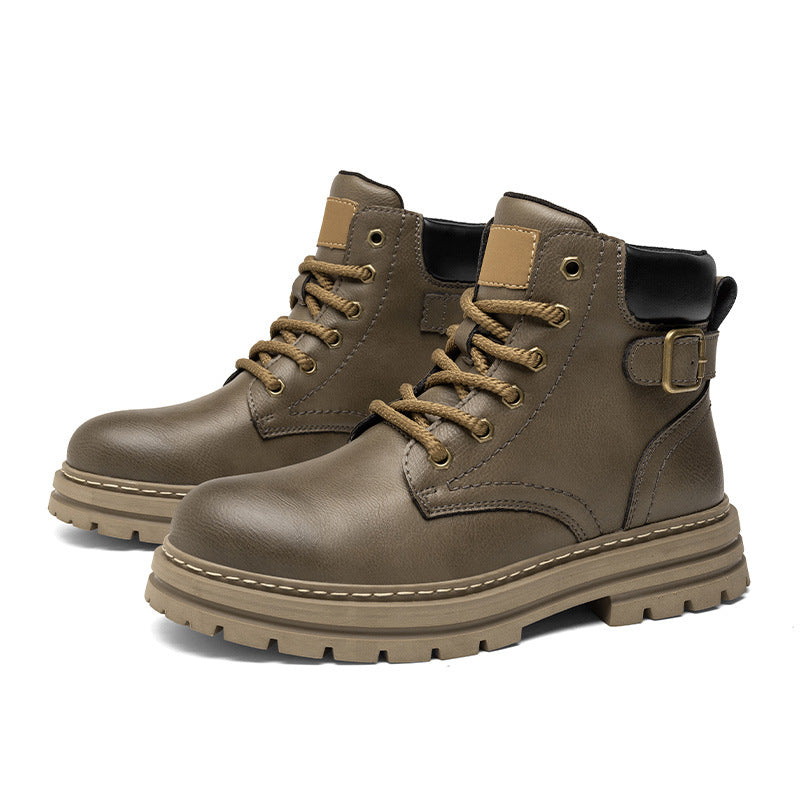 Retro Casual Business Effen Kleur Hoge Workboots van Echt Leer met Ronde Neus en Vetersluiting voor Heren