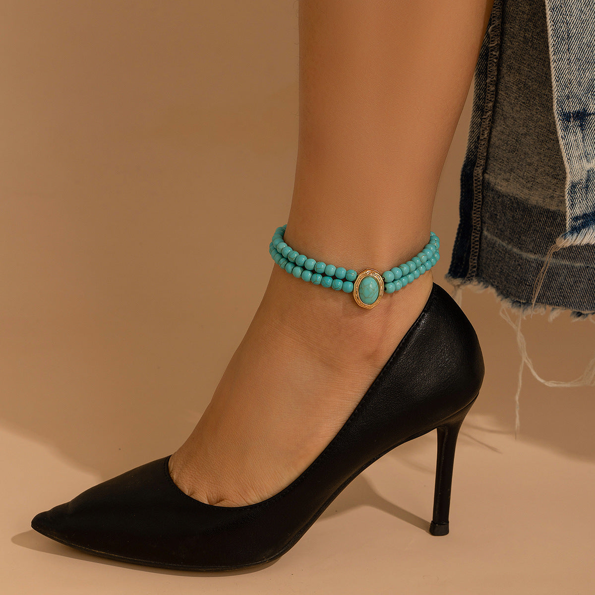 Elegante Hoogwaardige Effen Kleur Dubbellaagse Imitatie Parel Enkelbandje met Gepersonaliseerde Kralen/ Enkelbandje met Turquoise imitatieparels