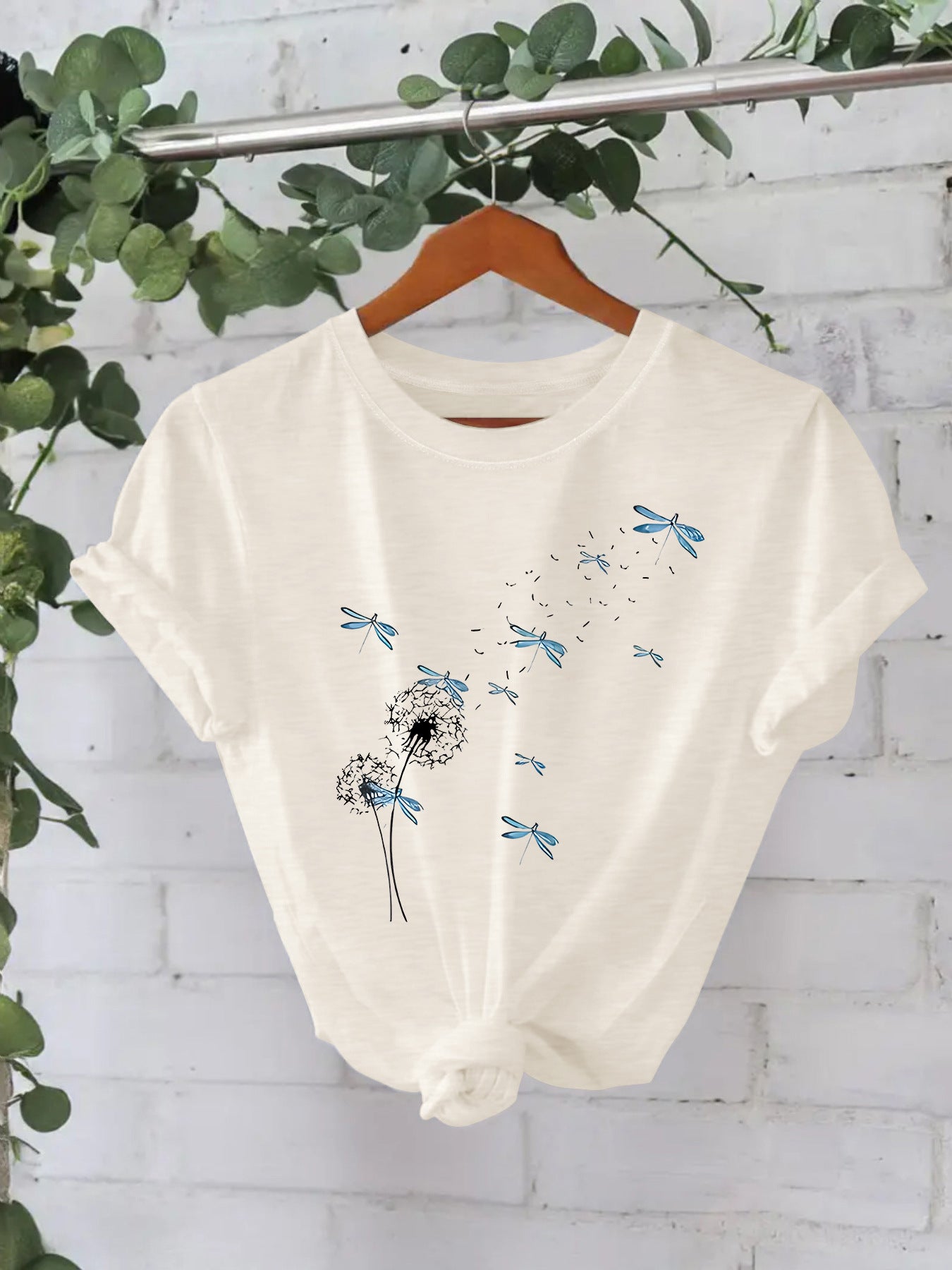 Stijlvolle Basic Streetwear Effen Kleur Casual Ronde Hals T-shirt met Paardenbloemmotief en Korte Mouwen voor Dames & Plus-Size
