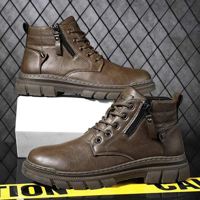 Casual Retro Waterdichte Chelsea Boots van PU-Leer met Ronde Neus en Vetersluiting voor Heren