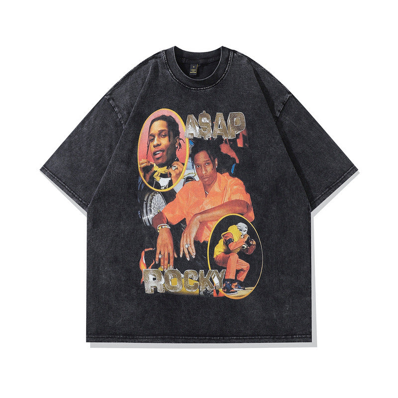 Modieuze Klassieke Effen Kleur Oversized Casual Vintage Washed Cartoonprint T-shirt met Ronde Hals en Korte Mouwen voor Heren & Jongens