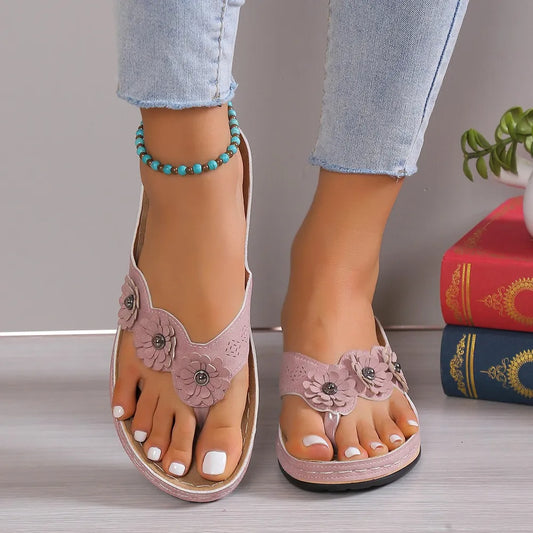 Comfortabele Eenvoudige Effen Kleur Casual Open Sandalen van PU-Leer met Bloemvormige Teenband en Platte Zoolvoor Dames & Meiden