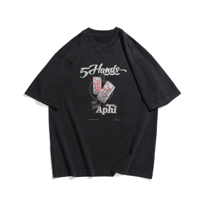 Trendy Retro Effen Kleur Oversized Washed Vintage Letterprint T-shirt met Ronde Hals en Korte Mouwen voor Unisex