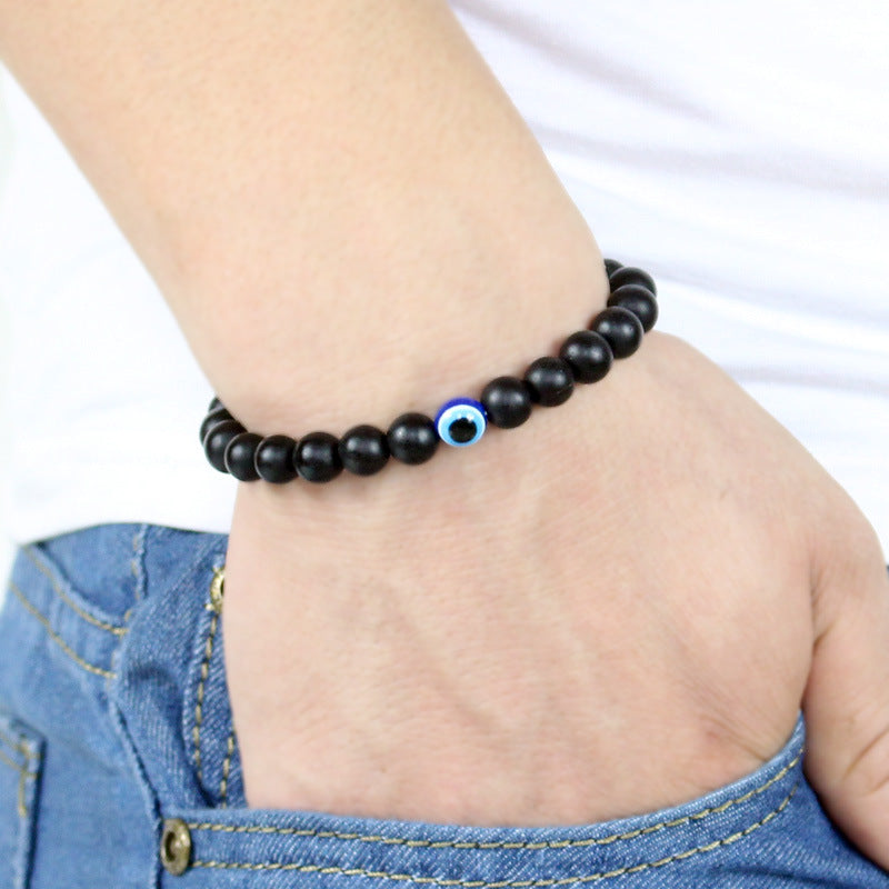Trendy Effen Kleur Klassieke Turkse Boze-Oog (Nazar) Armband met Zwarte Natuurstenen (Obsidiaan) voor Heren