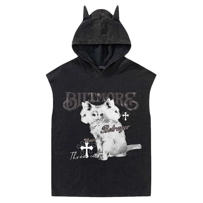 Klassieke Stijlvolle Effen Kleur Mouwloze Vintage Grafische Bedrukte Tanktop met Capuchon en Duivelshoorntjes voor Heren