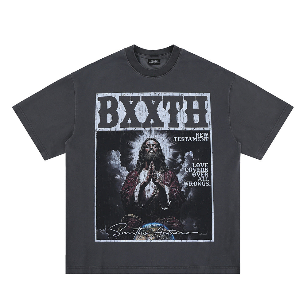 LANHAI Trendy Effen Kleur Oversized Casual Vintage Washed Ronde Hals T-shirt met Grafisch Bedrukte Gebedsprint en Korte Mouwen voor Heren