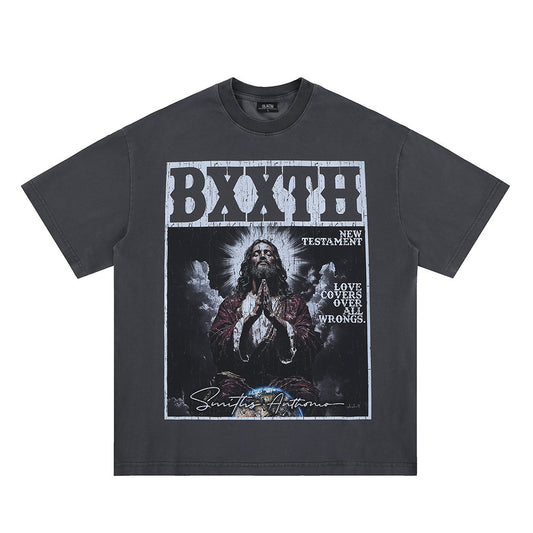 LANHAI Trendy Effen Kleur Oversized Casual Vintage Washed Ronde Hals T-shirt met Grafisch Bedrukte Gebedsprint en Korte Mouwen voor Heren