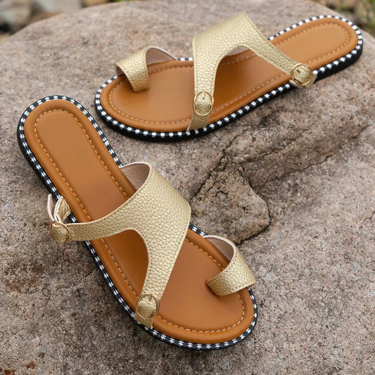 Trendy Eenvoudige Effen Kleur Casual Open Sandalen van PU-leer met Teenlus en Platte Zool voor Dames