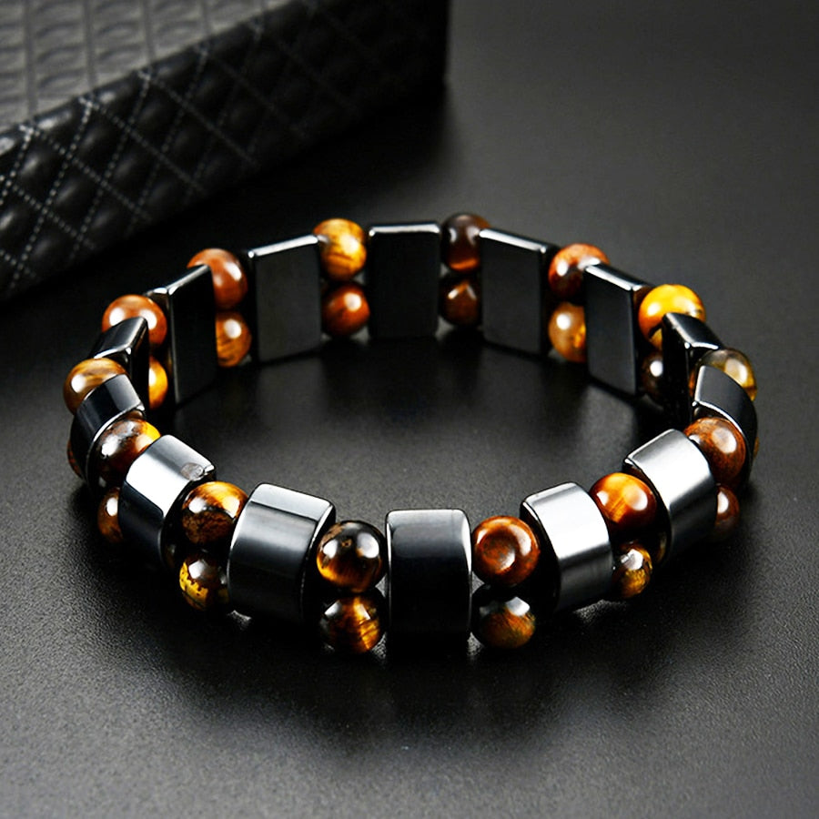 Stijlvolle Modieuze Geometrische Dubbellaagse Armband met Hematiet en Tijgeroog Kralen voor Heren
