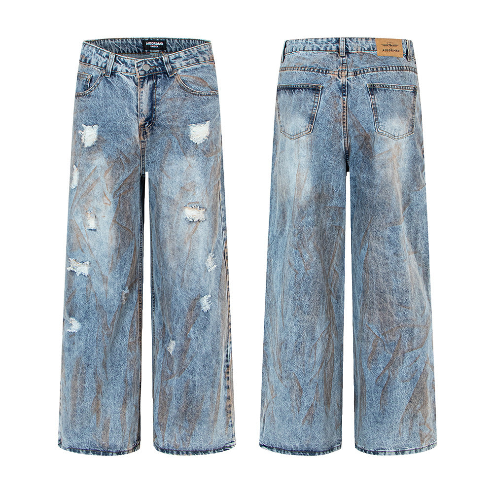 Trendy Modieuze Effen Kleur Oversized Casual Vintage Washed Denim Jeans met een 'Dirty Fit' Look en Rechte Pijpen voor Unisex