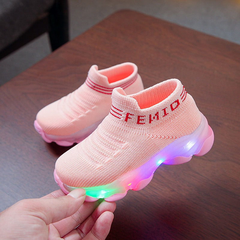 Comfortabele Effen Kleur Ademend Casual LED Kindersneakers van Mesh met Letterprint en Ronde Neus voor Kinderen