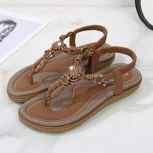 Stijlvolle Klassieke Effen Kleur Casual Bohemien Sandalen van PU-Leer met teenbandje en Platte Zool voor Dames & Meiden