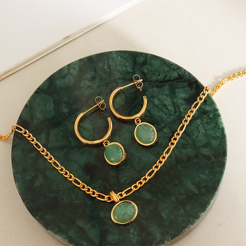 Modieuze Retro Etnische Temperamentvolle Halsketting/Oorbellen/Set met Natuurlijke Groene Agaat Hanger voor Dames