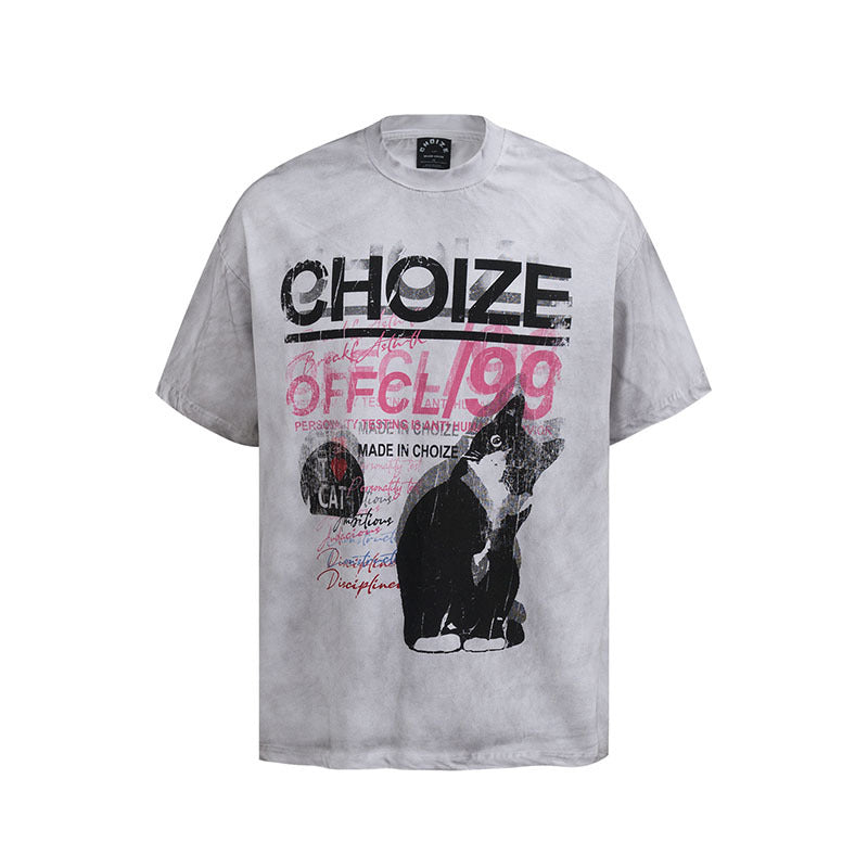 Trendy Stijlvolle Effen Kleur Oversized Casuall Vintage Washed Ronde Hals T-shirt met Cartoon Kattenprint en Korte Mouwen voor Heren