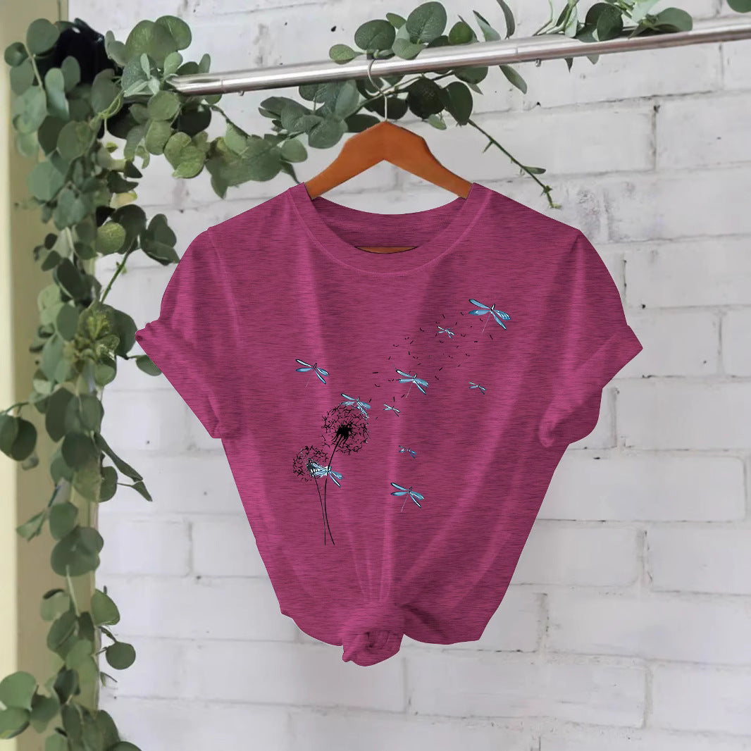 Stijlvolle Basic Streetwear Effen Kleur Casual Ronde Hals T-shirt met Paardenbloemmotief en Korte Mouwen voor Dames & Plus-Size