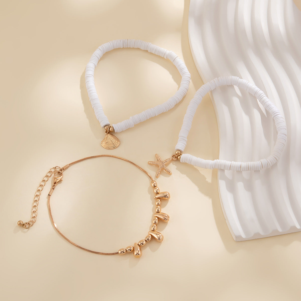 Strandstijl Elegante Meerlaagse Enkelbanden Set met Zeestermotief van Zacht Keramiek voor Dames