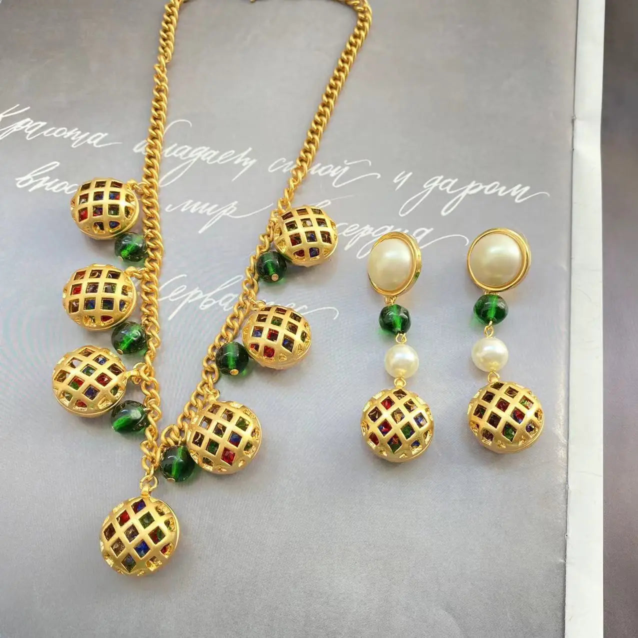 Klassieke Vintage Statement Birdcage Oorbellen/Halsketting/Set van Legering met Gekleurde Kralen Imitatieparels voor Dames