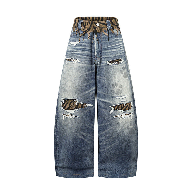 Stijlvolle Unieke Effen Kleur Geplooide Casual Washed Ripped Losse Jeans met Patchwork en Wijde Pijpen voor Unisex