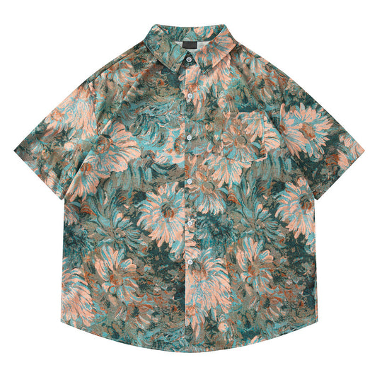 Trendy Klassieke Kleurrijke Oversized Retro Vintage Bloemenprint Overhemd met Opstaande Kraag en Korte Mouwen voor Heren
