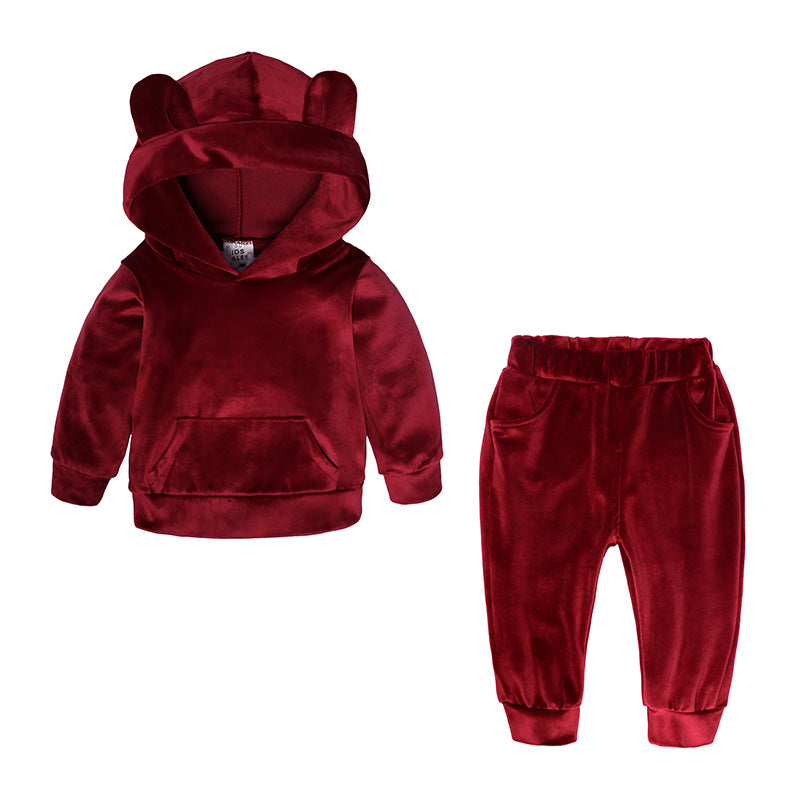 Sportieve Kinderset Casual Effen Kleur Hoodie en Bijpassende Joggingbroek van Fluweel met Gestreepte Patroon en Buidelzak voor Kinderen