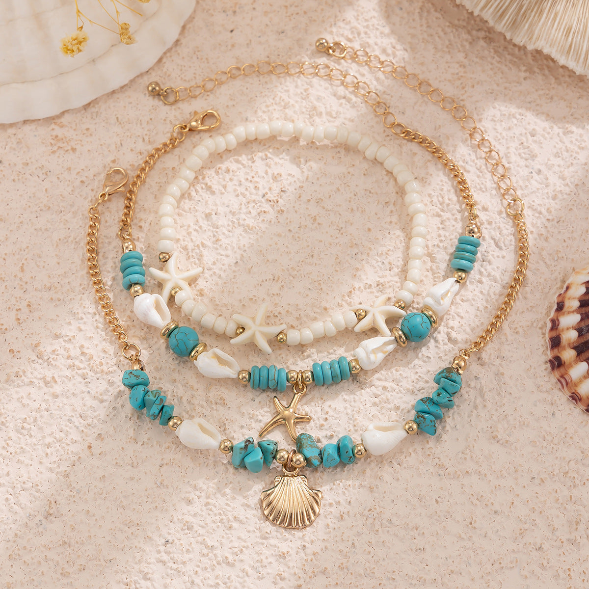 Eenvoudige Strandstijl Elegante Meerlaagse Turquoise Enkelbanden Set met Zeestervormige Rijstkralen voor Dames