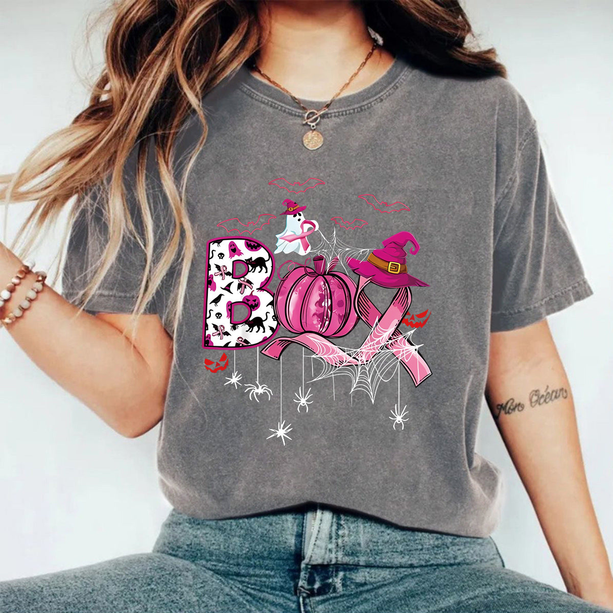 Stijlvolle Effen Kleur Casual Vintage Ronde Hals T-shirt met Cartoonprint en Korte Mouwen voor Dames & Plus-Size