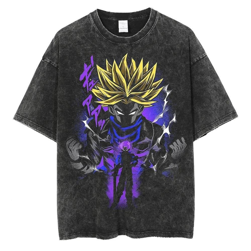Hiphopstijl Klassieke Effen Kleur Oversized Casual Vintage Washed Cartoonprint T-shirt met Ronde Hals en Korte Mouwen voor Heren, Zwart Vintage