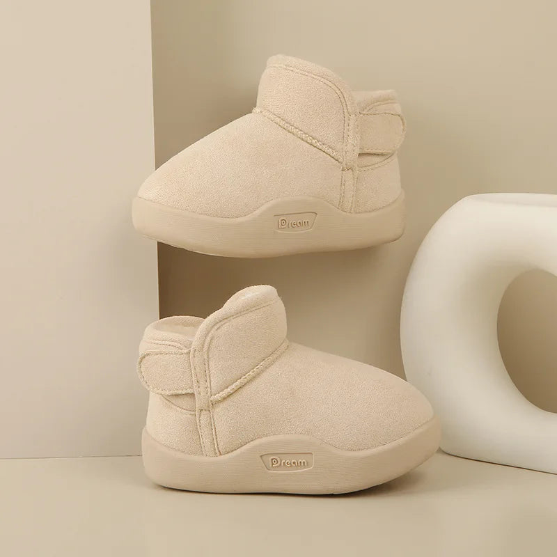Trendy Effen Kleur Warme Winterse Enkellaarsjes van Pluche en PU-Leer met Ronde Neus en Klittenbandsluiting voor Kinderen