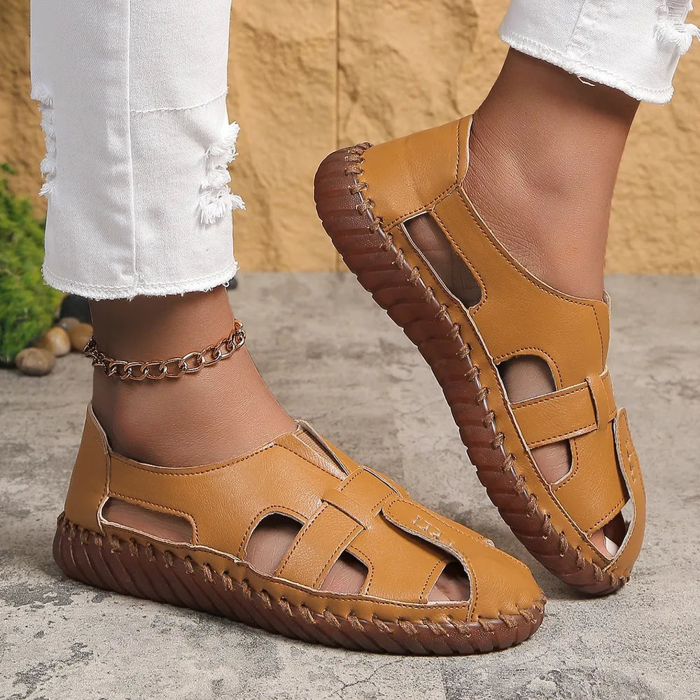 Trendy Comfortabele Effen Kleur Casual Ademend Cut Out Instap Sandalen van PU-Leer met Ronde Neus en Platte Rubber Zool voor Dames & Meiden