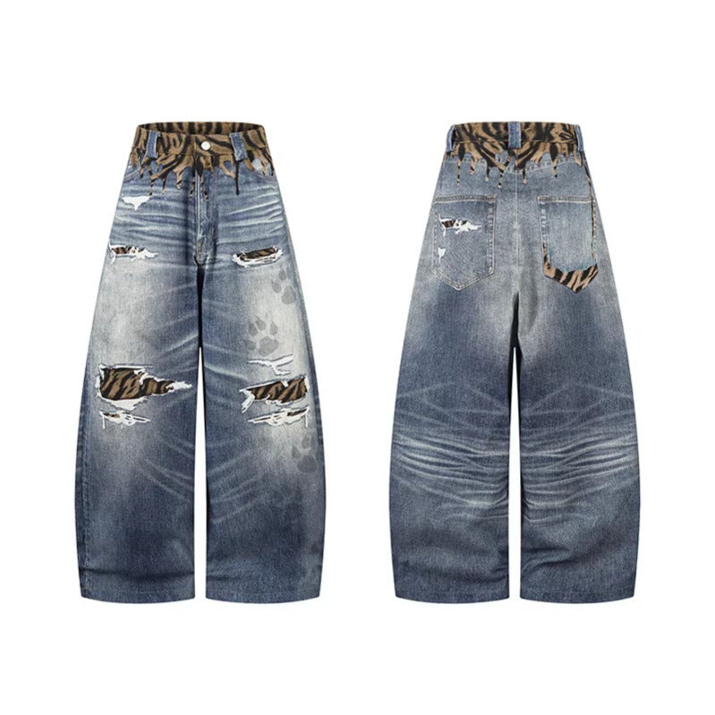 Stijlvolle Unieke Effen Kleur Geplooide Casual Washed Ripped Losse Jeans met Patchwork en Wijde Pijpen voor Unisex