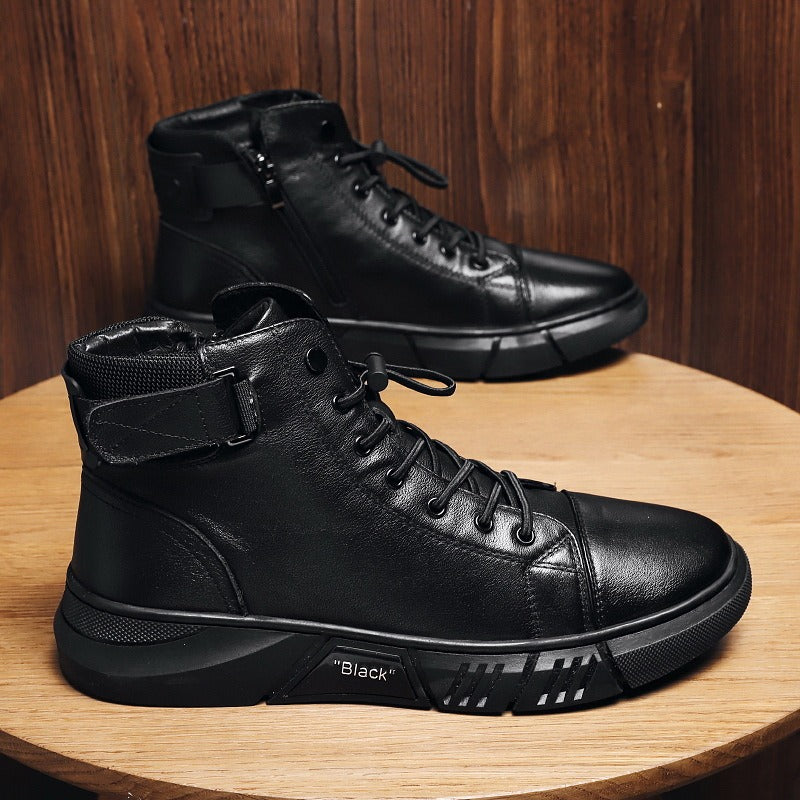 Trendy Effen Kleur Casual Hoge Sportschoenen van Echt Leer met Vetersluiting en Ronde Neus voor Heren
