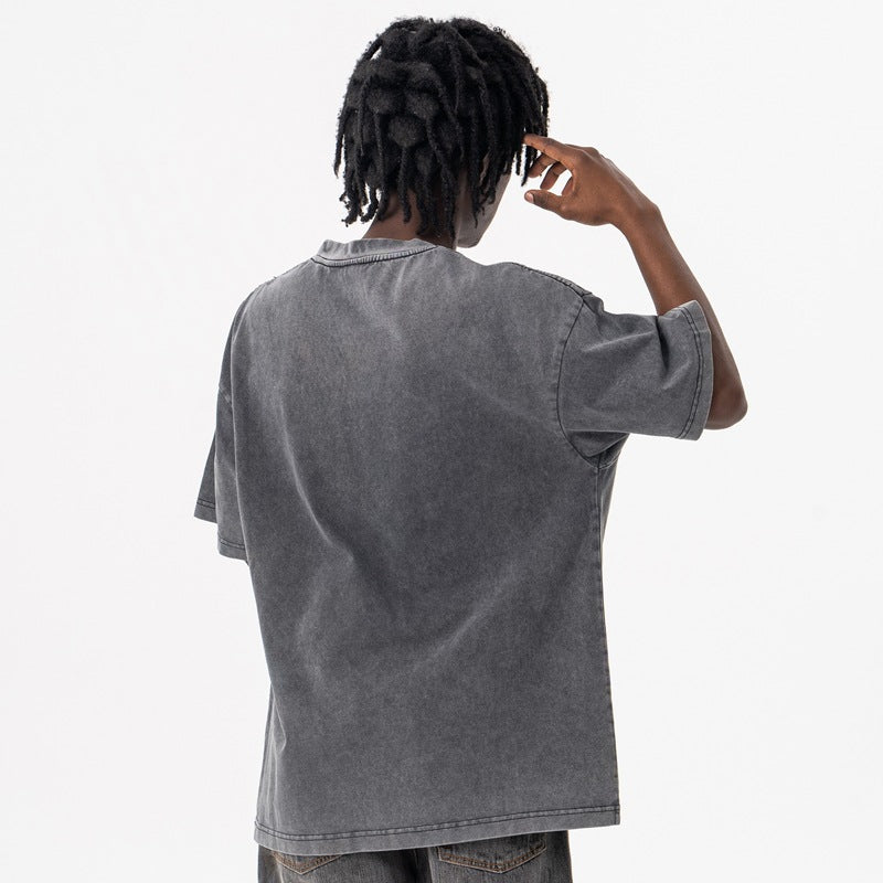 Stijlvolle Streetwear Effen Kleur Oversized Casual Vintage Washed Ronde Hals T-shirt met Cosmic Journey en Korte Mouwen voor Heren