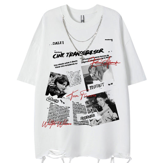 Eenvoudige Casual Effen Kleur Oversized Vintage Fotoprint T-shirt met Ronde Hals en Korte Mouwen voor Heren