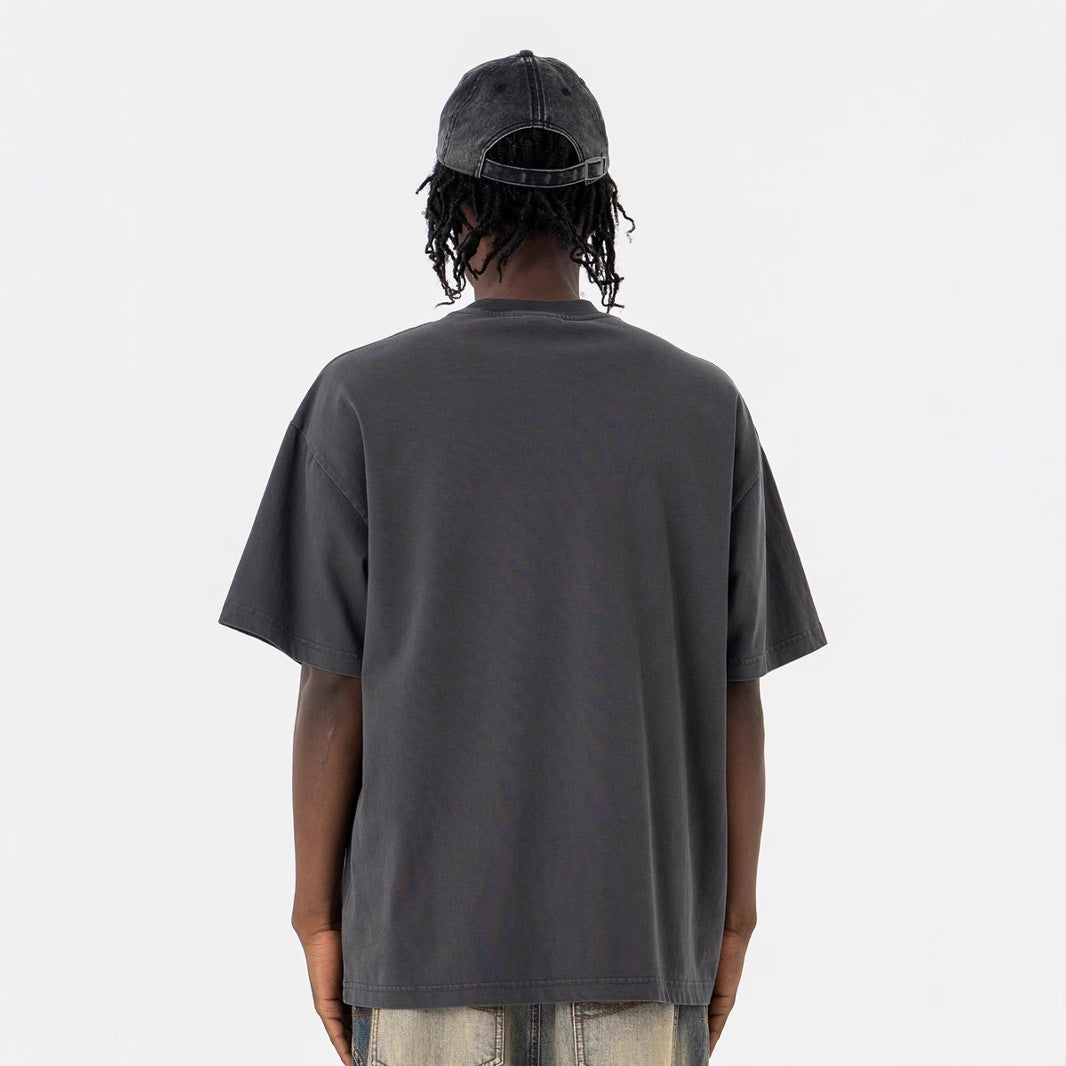 LANHAI Trendy Effen Kleur Oversized Casual Vintage Washed Ronde Hals T-shirt met Grafisch Bedrukte Gebedsprint en Korte Mouwen voor Heren