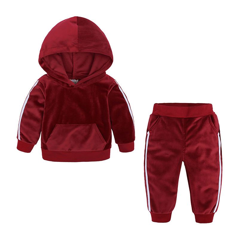 Sportieve Kinderset Casual Effen Kleur Hoodie en Bijpassende Joggingbroek van Fluweel met Gestreepte Patroon en Buidelzak voor Kinderen
