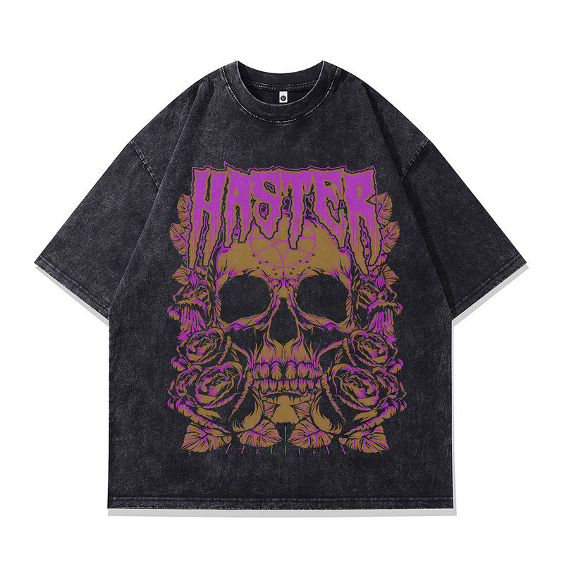 Trendy Effen Kleur Oversized Washed Casual Vintage Ronde Hals T-shirt met Cartoonprint en Korte Mouwen voor Heren