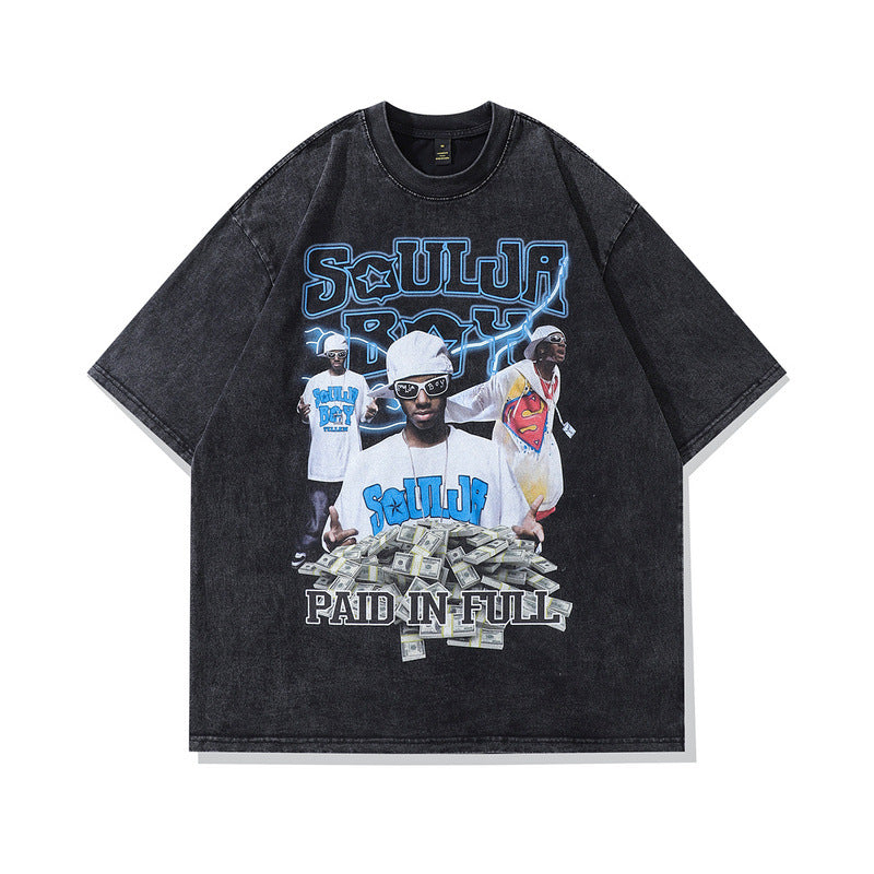 Modieuze Klassieke Effen Kleur Oversized Casual Vintage Washed Cartoonprint T-shirt met Ronde Hals en Korte Mouwen voor Heren & Jongens
